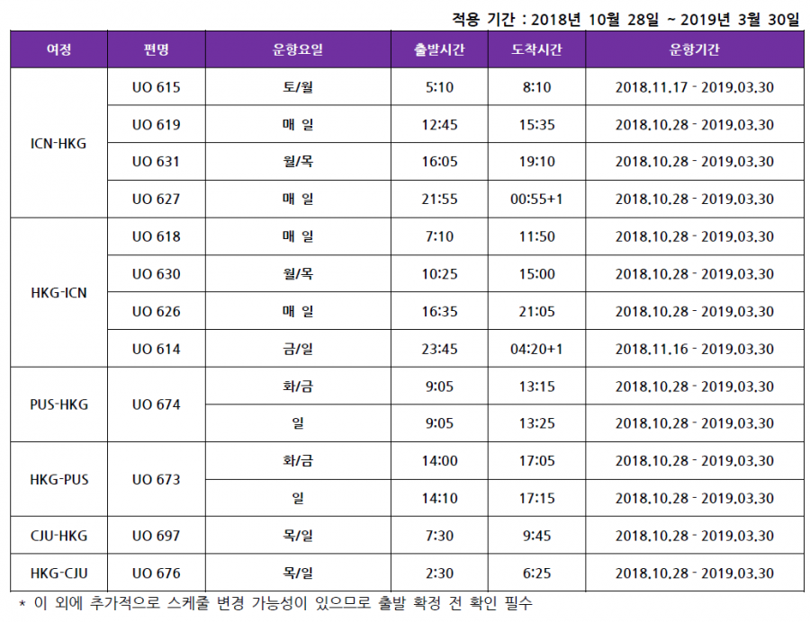 [홍콩익스프레스] 2018 동계 운항 스케쥴 확정 안내