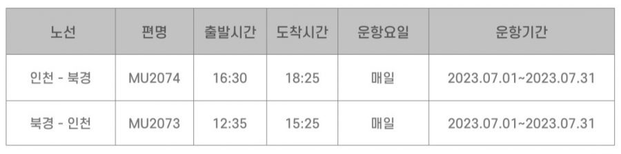 ﻿[중국] 인천 - 베이징 7월 운항스케줄 안내(동방항공)