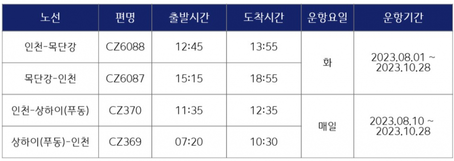 [중국남방항공] 증편 스케줄 안내