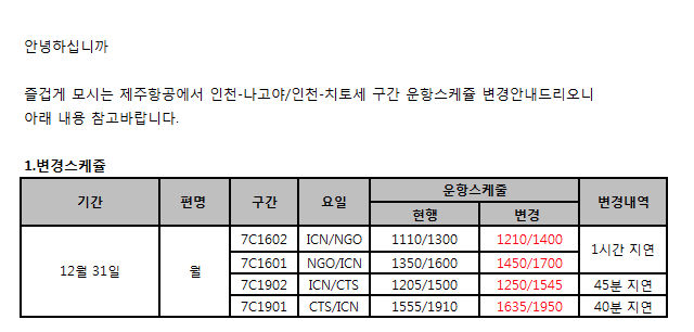 [제주항공] 치토세,나고야 운항스케쥴 변경안내(12/31월)