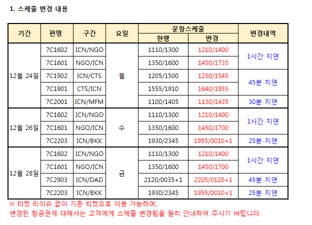 [제주항공] 나고야/삿포로/마카오/다낭/방콕 운항스케줄 변경 안내