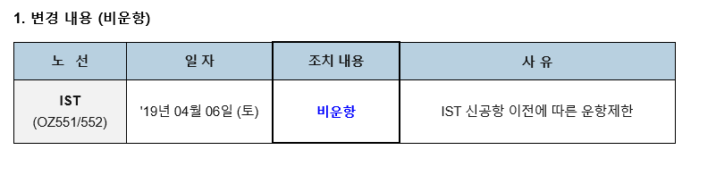 [아시아나항공] 19년 하계 국제여객스케쥴 변경안내 (4/6 이스탄불 비운항 1회)