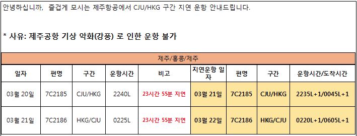 [제주항공]청주-홍콩 7C2185/20MAR, 7C2186/21MAR 지연 운항 안내