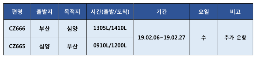 [중국남방항공] 부산-심양 항공편 증편 안내