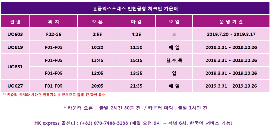 [홍콩익스프레스항공] 2019 하계 인천공항 체크인카운터 안내